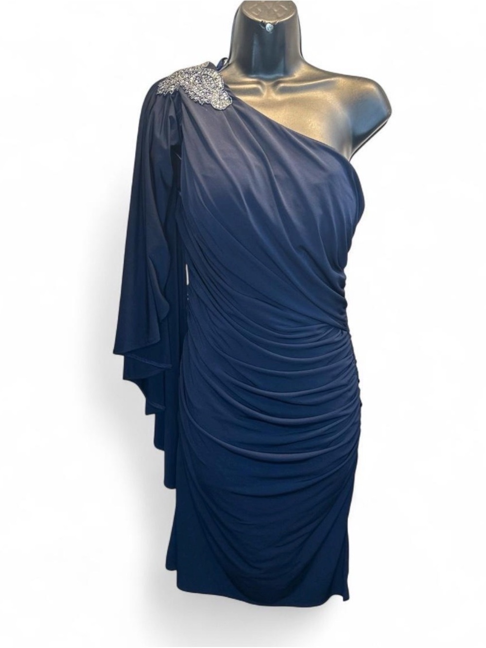 Cachet One-Shoulder Navy Evening Dress with Beaded Shoulder